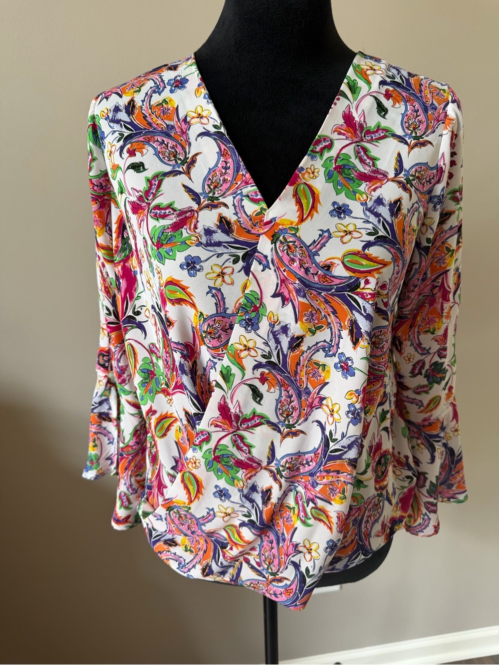Spense White Multi Floral Paisley V-Neck Blouse Faux Wrap XSmall